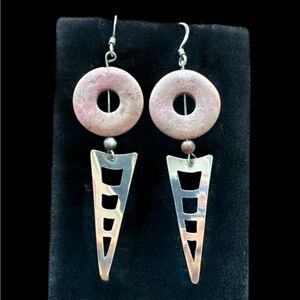 Sterling Silver 925 Pink Stone Geometric Dangle Earrings Boho Artisan Modern